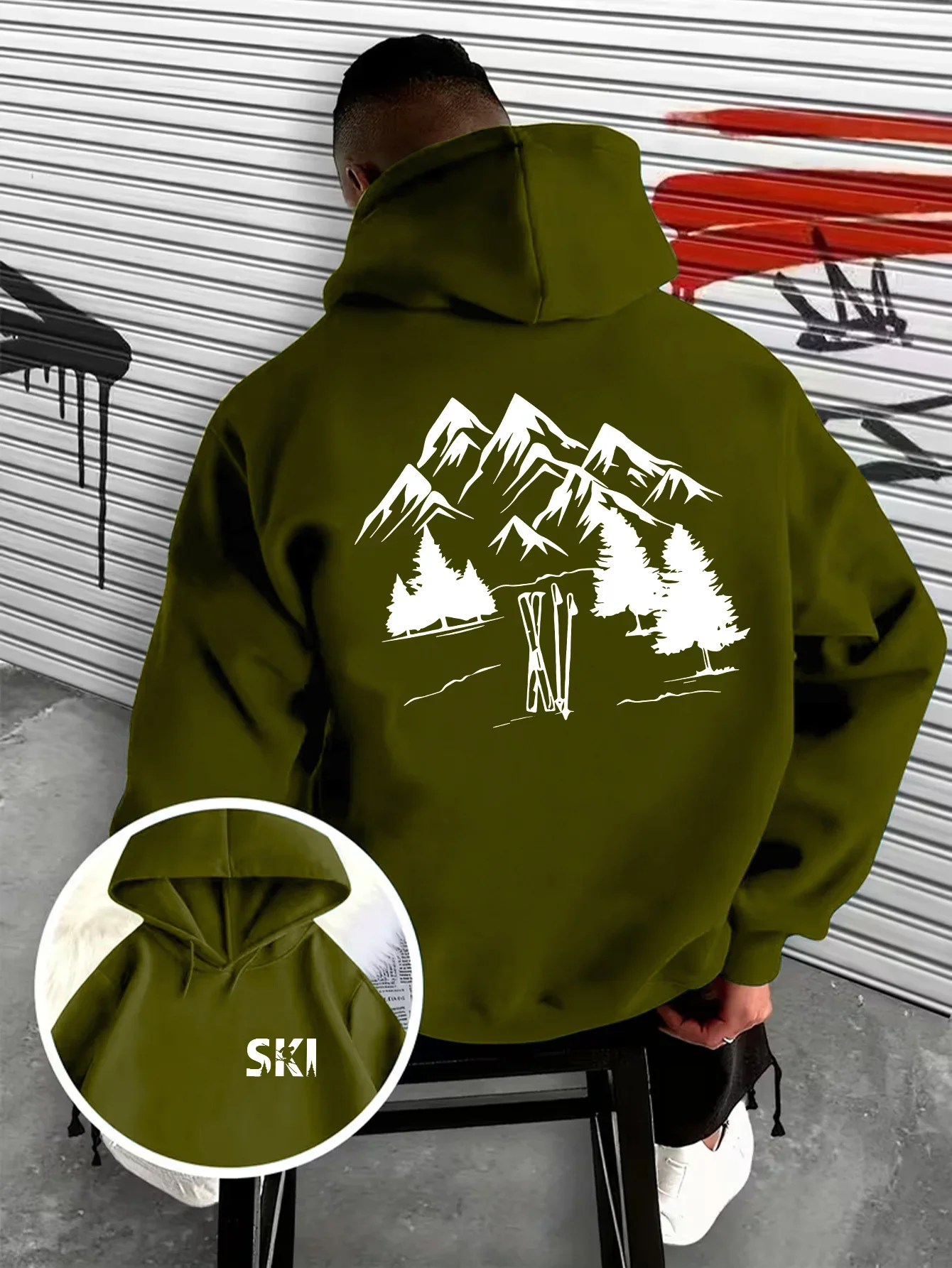 Vintage Ski Mountain Forest Graphic Hoodie Outdoor Sports Double Sided Print Pullover Sweatshirt Loose Fit Unisex Autumn Winter