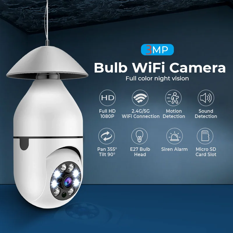 Tuya E27 5G WiFi 2K 3MP Bulb Camera Surveillance Camera Night Vision Full Color Automatic Human Tracking Baby Pet Monitor Camera