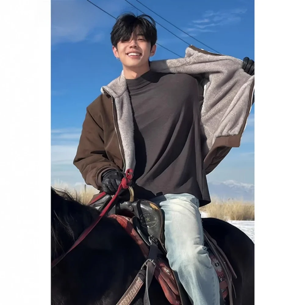 

American Retro Thiened Double Color Fur Cotton Jaet Winter High Street Cool Warm Coat Long Sle Faion Urban Life