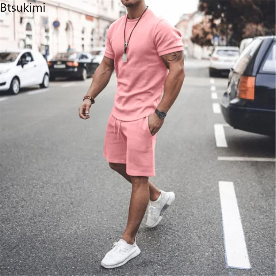 2024 Men\'s Summer 2PCS Casual Sportswear Suit Sets Solid Fitness Loose Tracksuit Sets Male Short Sleeved Shirts and Shorts Sets