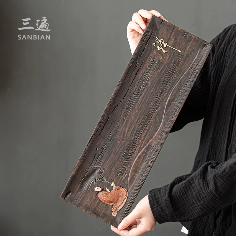 Zen Inspired Minimalist Small Tea Tray, Household Simple Table, Whole Piece Ebony Solid Wood Painted Dry