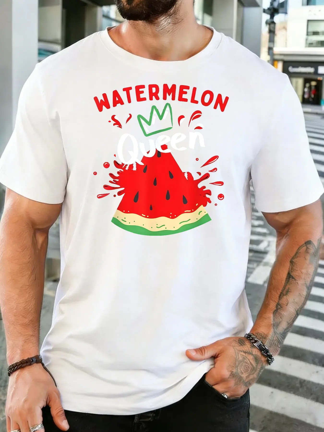 Male Army Green Round Neck T Shirt Watermelon Queen Slogan Fresh Red Watermelon Slice Juice Splash Summer Casual Daily otton Tee
