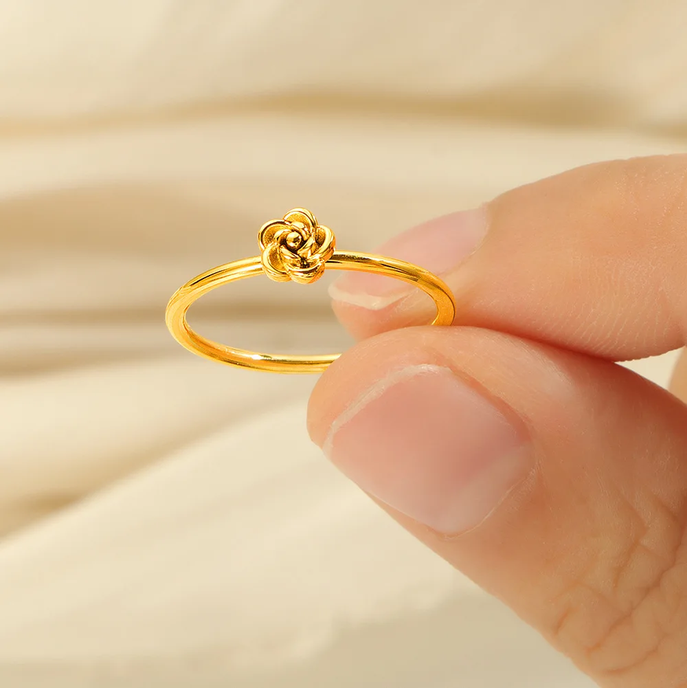 Lovely Rose Ring for Woman Gold Color Stainless Steel Three-dimensional Wedding Band Valentine's Day Gift Flower Ring
