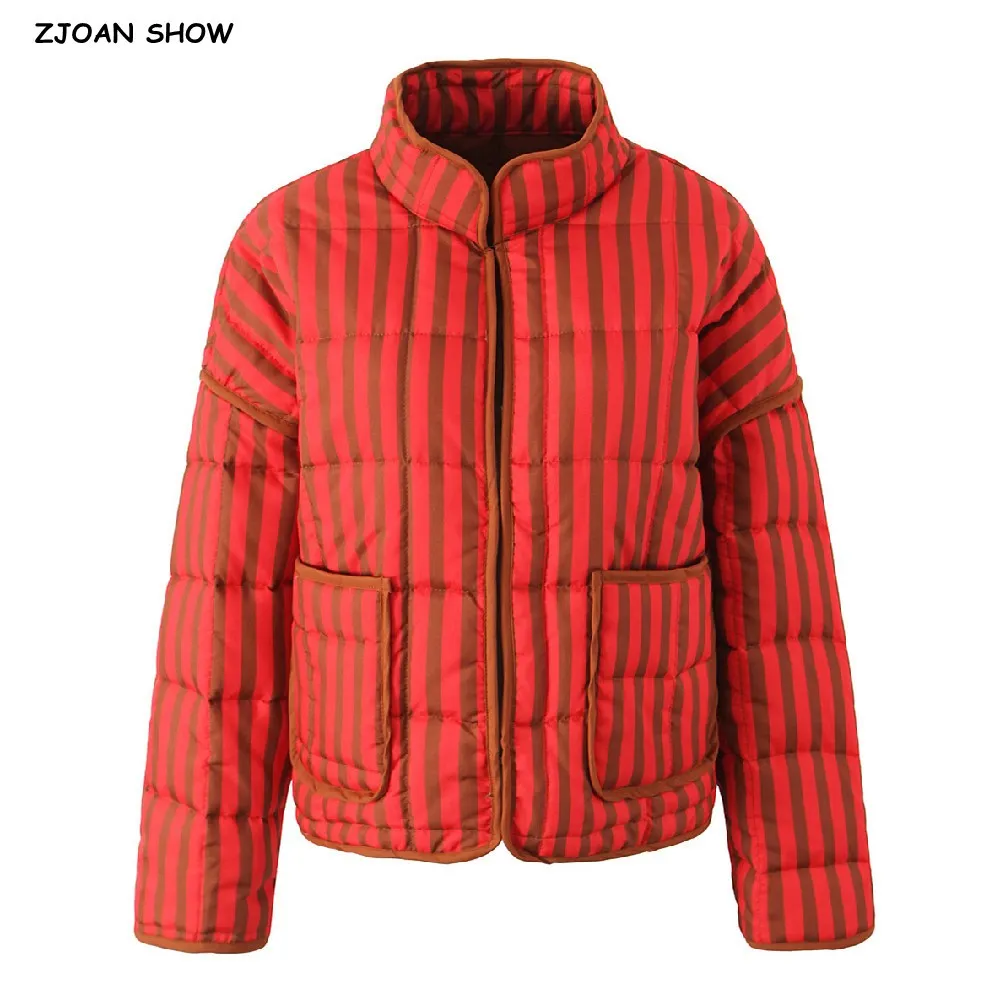 

2024 Autumn Winter Orange Red Striped Print Stand neck Quilted Coat Ethnic Women Front Pockets Loose Quilting Outerwear Retro