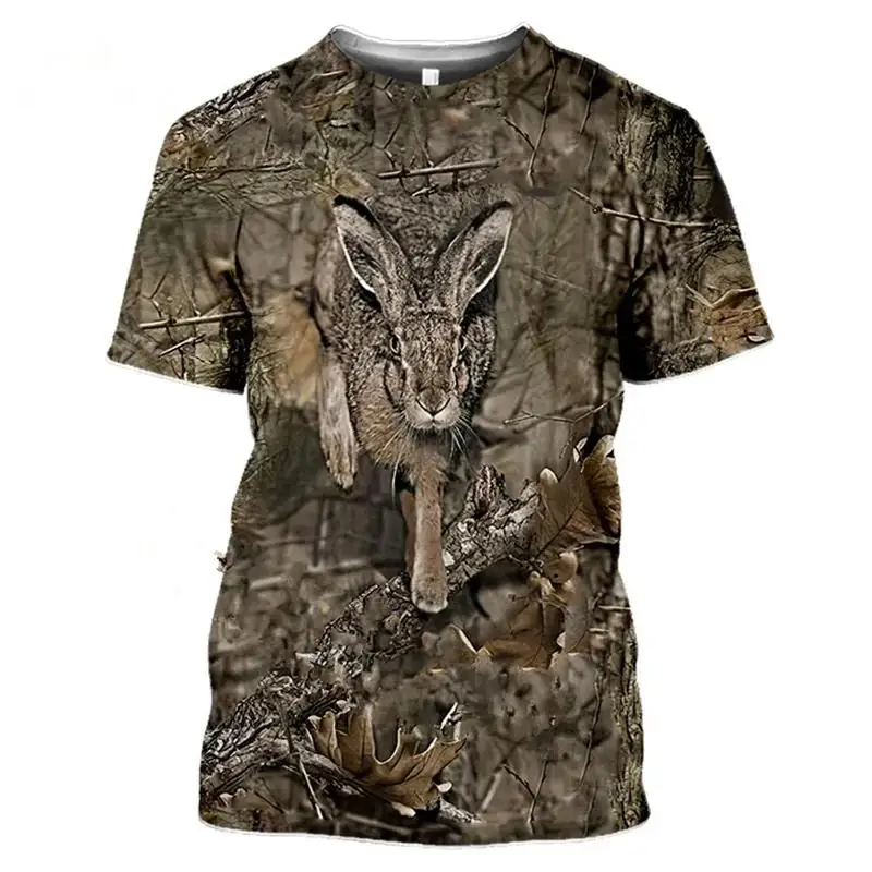 Men's Camo Forest Hare Print Round Neck Short Sleeve T Shirt Summer Holiday Loose Casual Tee Outdoor Party Mens Clothing