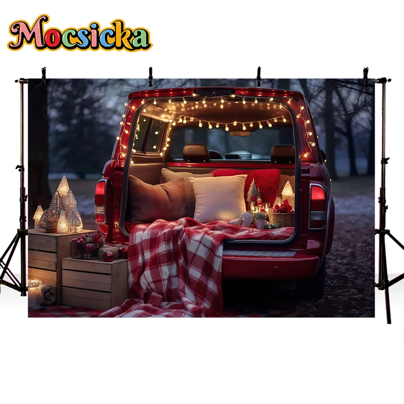 Mocsicka Winter Christmas Red Car Photography Background Gift Xmas Trees Family Kids Portrait Decor Backdrop Photo Studio Props