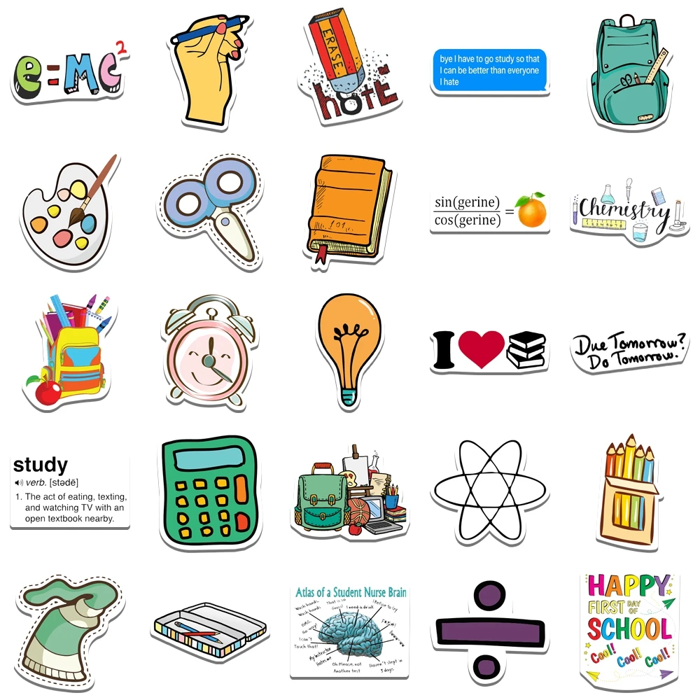 50/100pcs Back to School Stickers Science Math Scrapbook School Sticker for Students Kids Teacher Decals for Classroom Decor