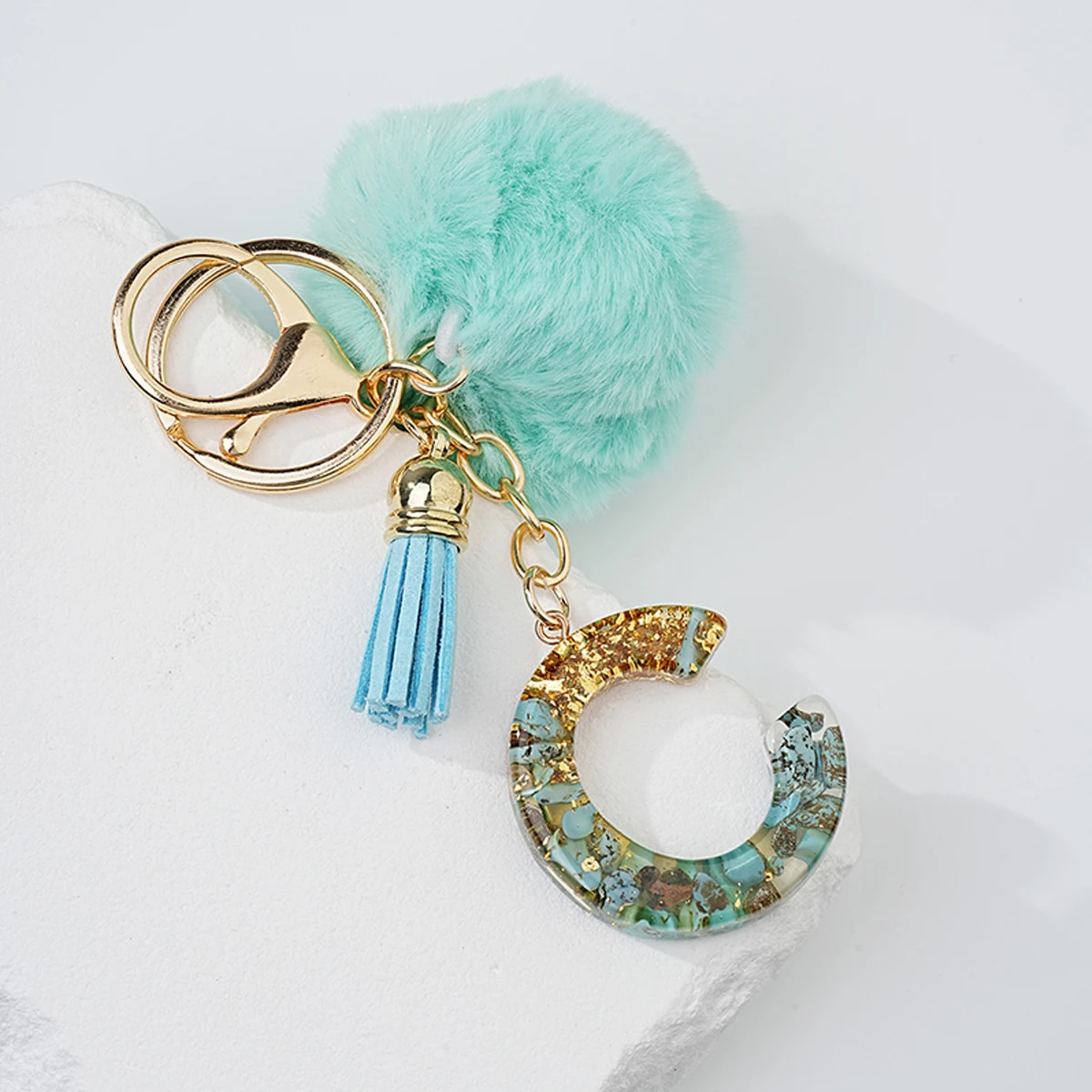 1pcs new green turquoise gold foil resin letter key ring pendant