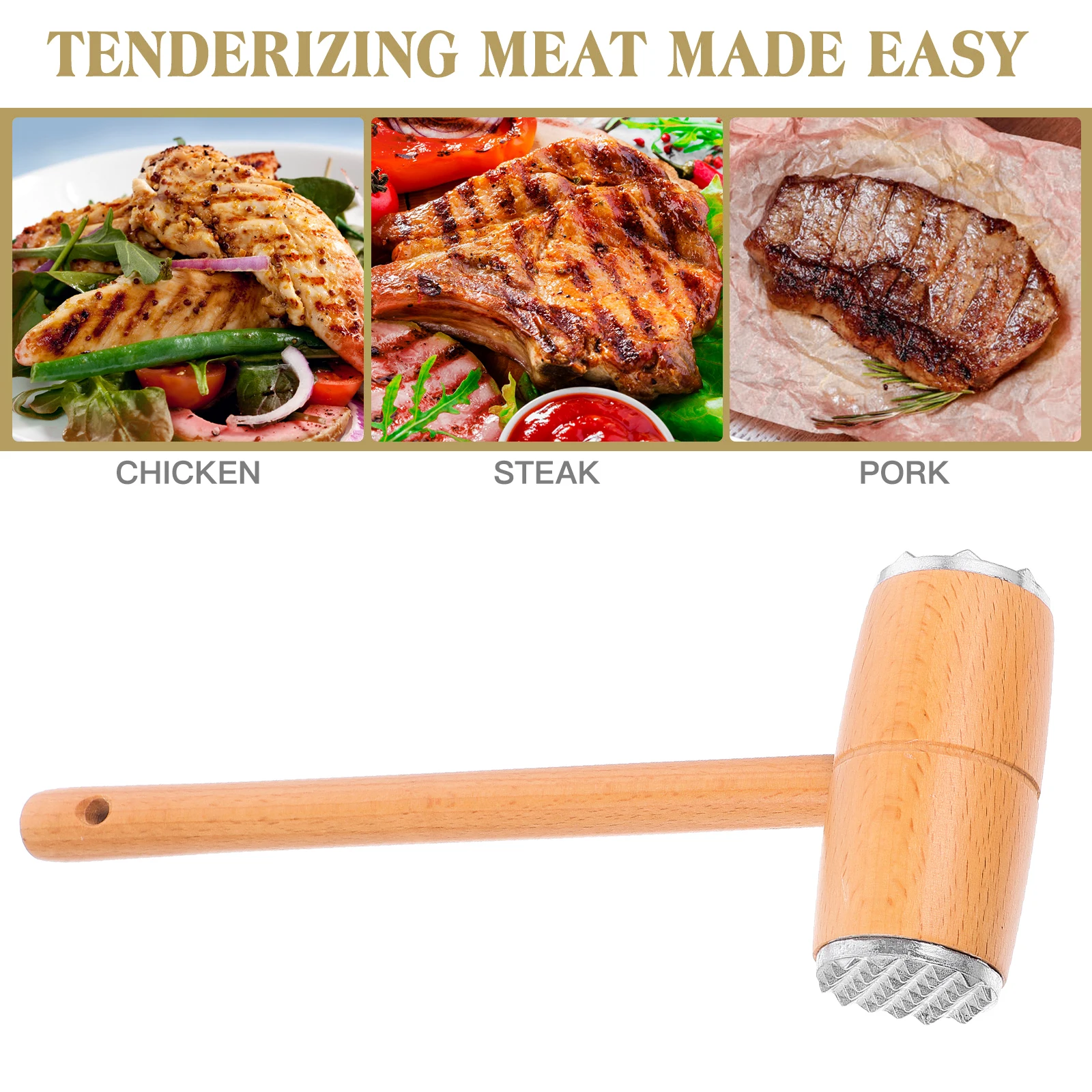 

Wooden Dual-Sided Meat Hammer Long Handle Lightweight Aluminum Alloy Meat Tenderizer Mallet Kitchen Tool for Pounding Chicken
