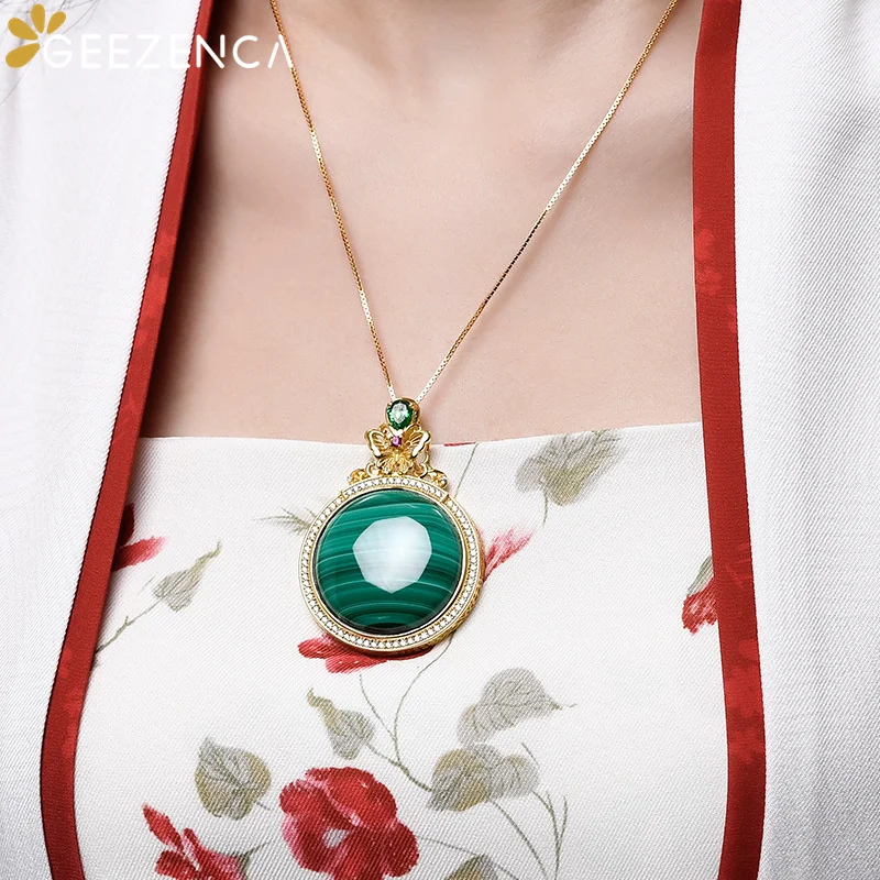 GEEZENCA Vintage Natural Malachite 925 Silver Big Pendant For Necklace Luxury Pave Setting Zircon Gemstone Pendants No Chain