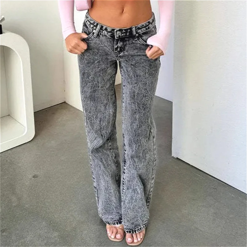 

2026 Jeans Women Straight Pants Low Waist Washed Distressed Pockets Button Vintage Denim Trousers Streetwear Basics Denims