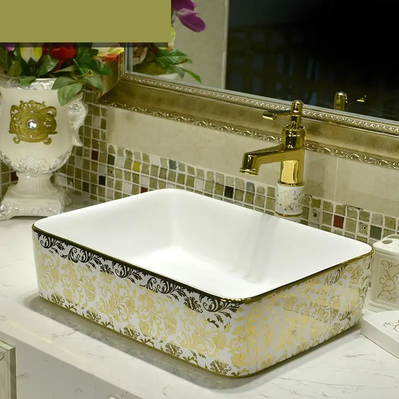 

Modern Art wash Basin Rectangular Washbasin Golden Flower ceramic wash basin bathroom sink