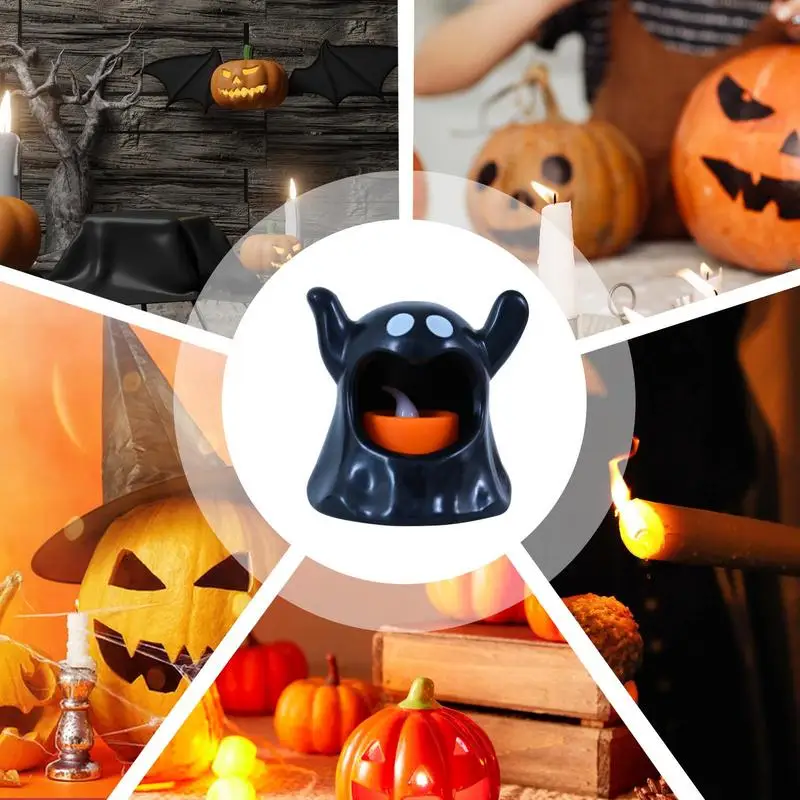 Halloween Day Of The Dead Candle Holder Cute Ghost LuminousLamp Halloween Candlestick Led Flame Candles Built-in Button Battery