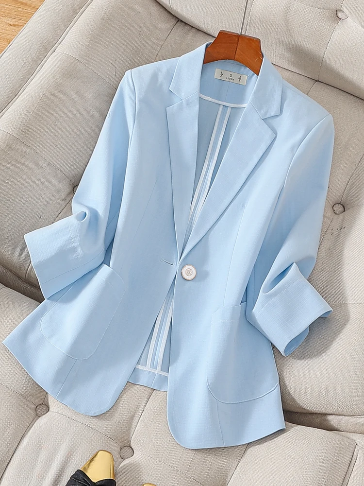 

Light Blue Women's Jacket Thin Medium Sleeve Spring Summer New Style Small Size Fashionable Business Casual Top