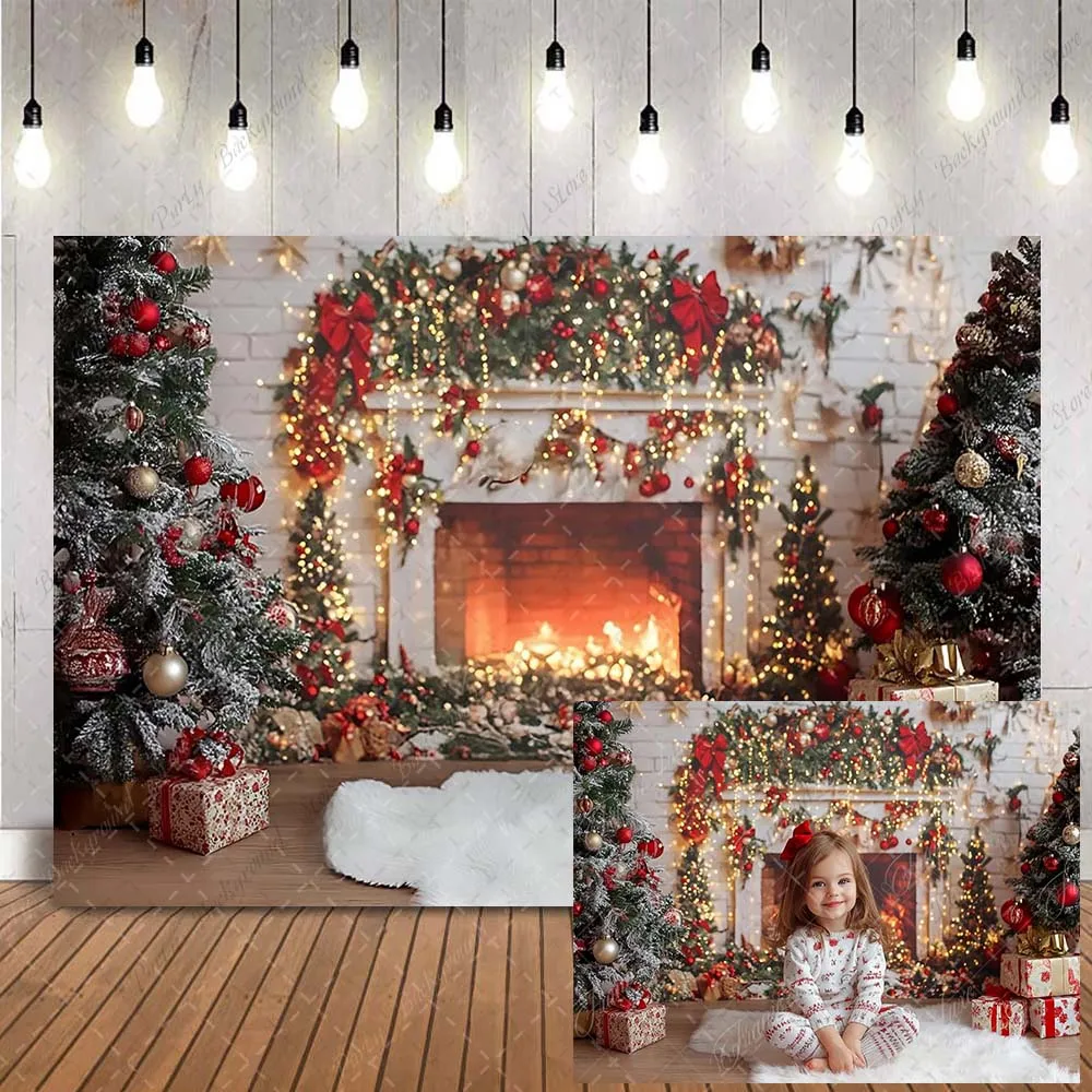 خلفية مدفأة عيد الميلاد الرجعية لاستوديو التصوير الفوتوغرافي جدار الطوب هدايا شجرة عيد الميلاد على الأرض زينة لامعة للأطفال
