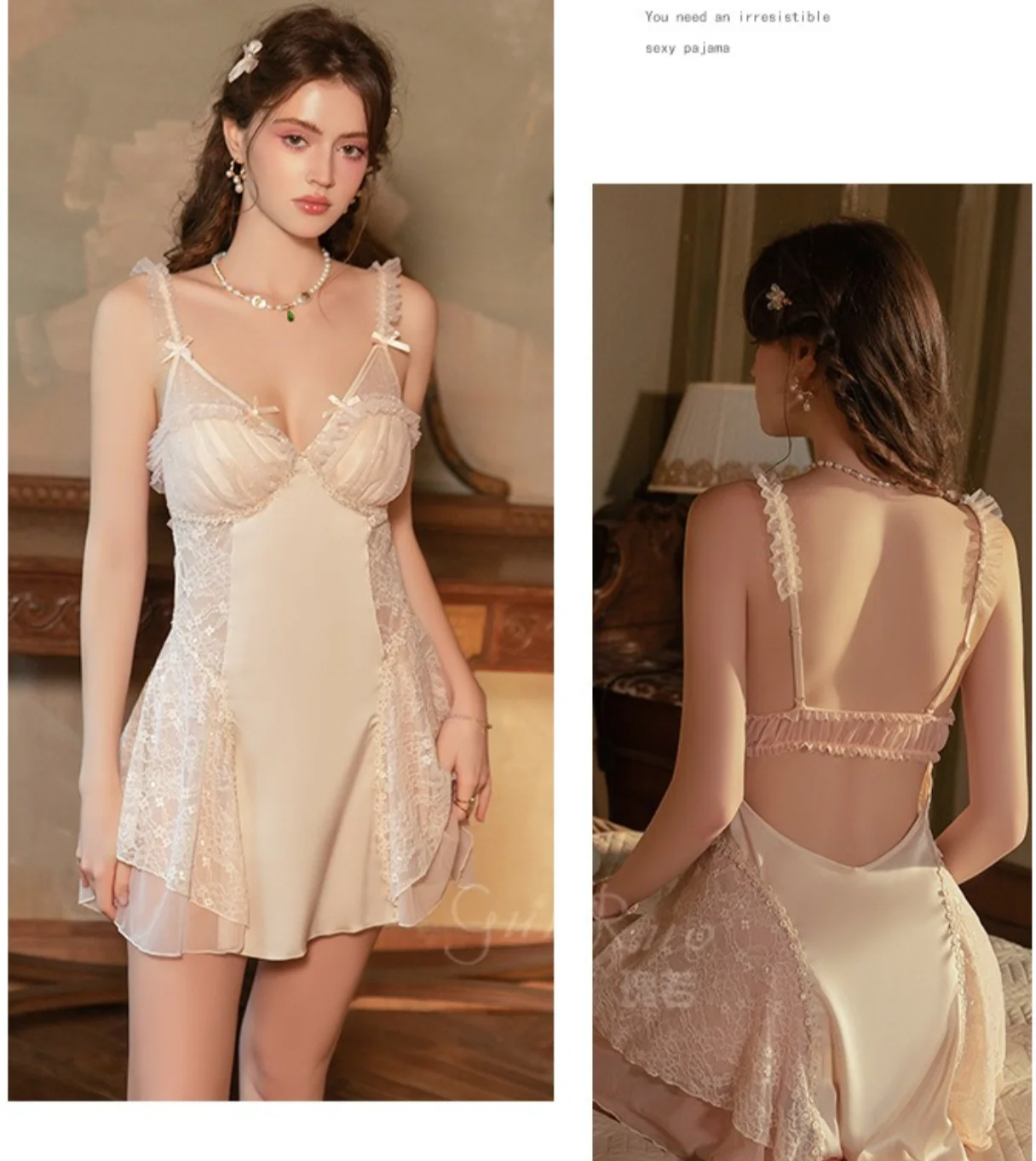 Lightweight Satin Sleep Dress Lace Hollow Out Sexy Backless Nightgown Push Up Bra Removable Pads Summer