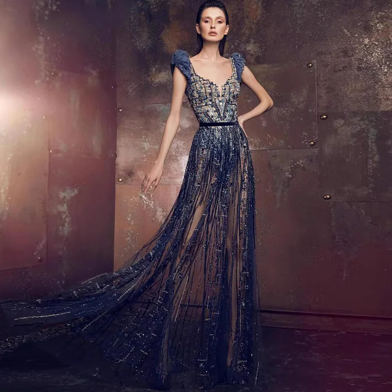 

L312 New Navy Blue Cap Sleeves Beaded A-line فساتين السهرة vestidos de fiesta فساتين سهره evening dresses