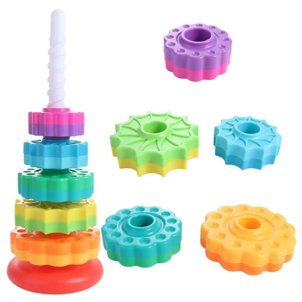 Montessori Rotating Rainbow Tower Hand-eye Coordination Color Recognize Rotating Screw Bolt Nesting Ring Early Education