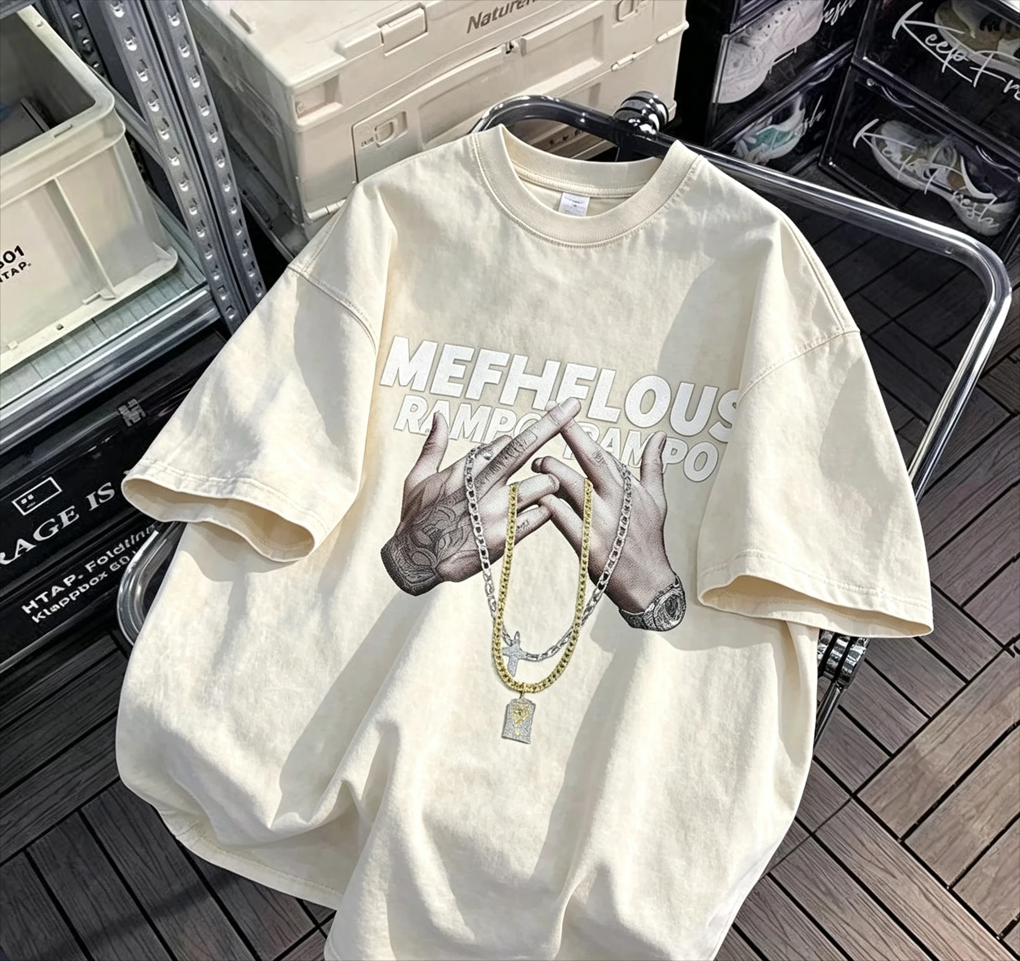 Vintage Washed Oversized T Shirt Men Hip Hop Hand Chain Graphic Print Short Sleeve Tees Streetwear Loose Casual Tops Unisex
