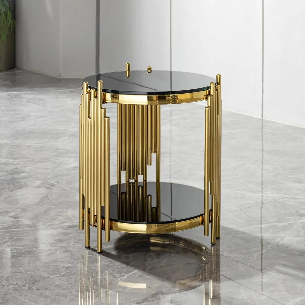 Luxury Modern 2 Tier Black Tempered Glass top Round Side Table with Gold Stainless Steel Frame, Elegant End Table for Living Roo