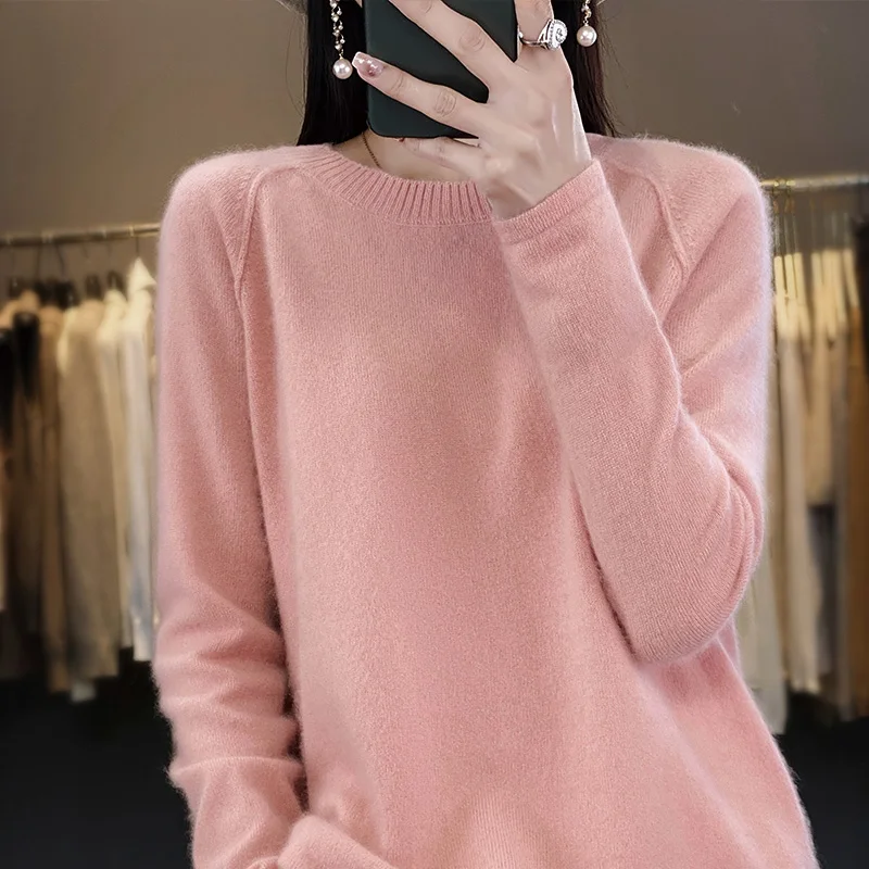 

100% pure wool cashmere sweater women's O-neck pullover spring and autumn casual knit top solid color conventional women's coat