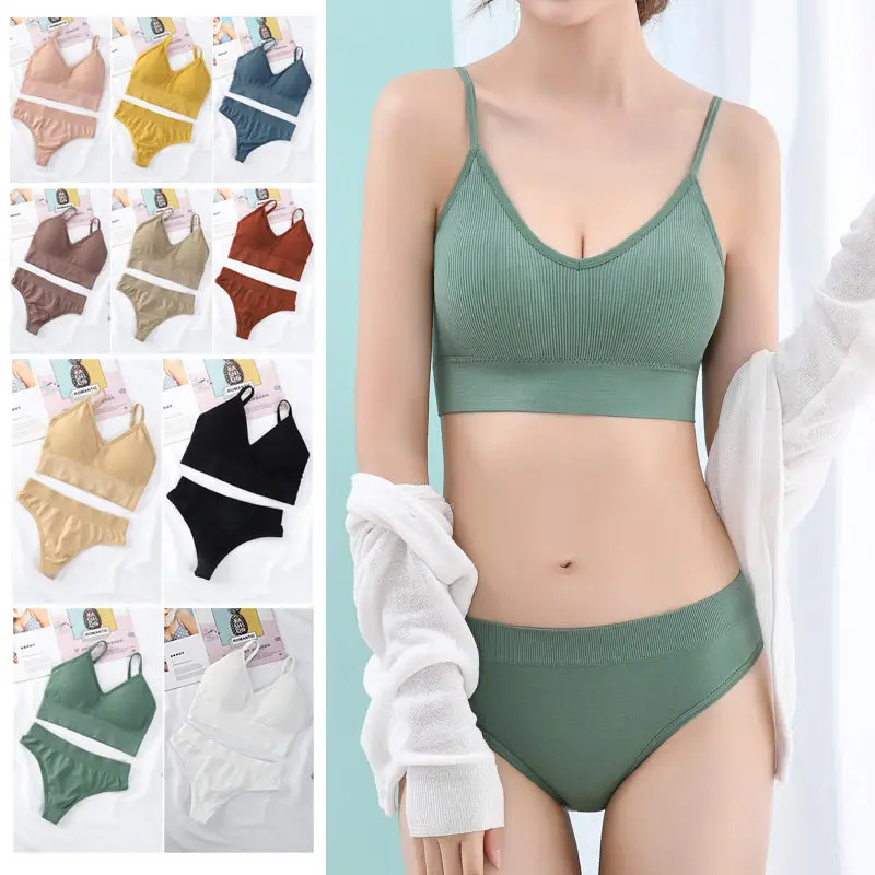 Women Seamless Bra Set  Thong Low Waist Panties Wire Free Bralette Lingerie Brassiere Cotton Female Underwear G-String Soft