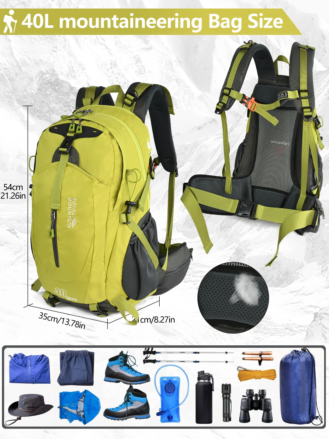 40L Outdoor-Wanderrucksack, Bergsteigen, leicht, atmungsaktiv, funktionell, vorne offene Tasche, wasserabweisende Nylontasche – Detail 2