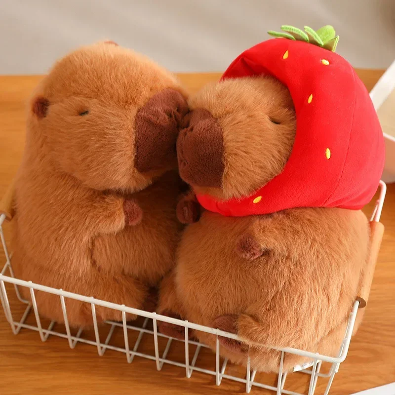 Capybara Plush Toy With Strawberries Hat Cute Capibara Dolls Toys Cartoon Animals Stuffed Plush Pillow Birthday Christmas Gift