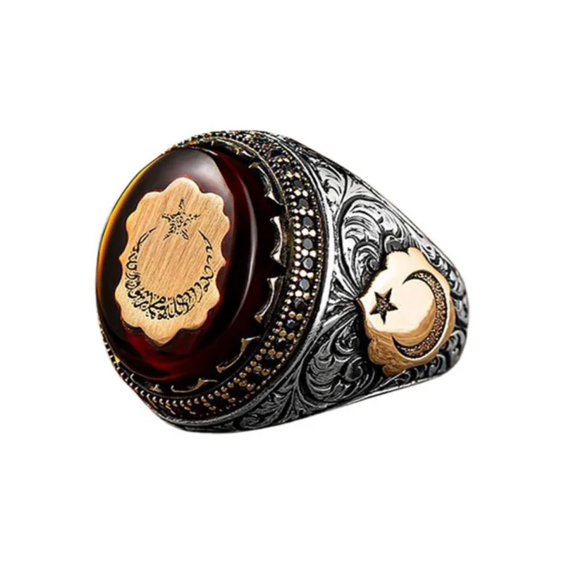 Vintage Metal Turkish Men\'s Seal Ring Inlaid with Red Stone Business Men\'s Ring