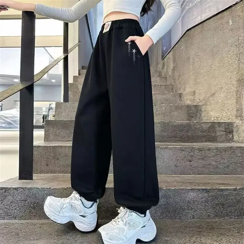 2025 Spring Autumn Tween Girls Casual Sportswear Pants with Elastic Ankles, All-Season Gym Sweatpants for Kids