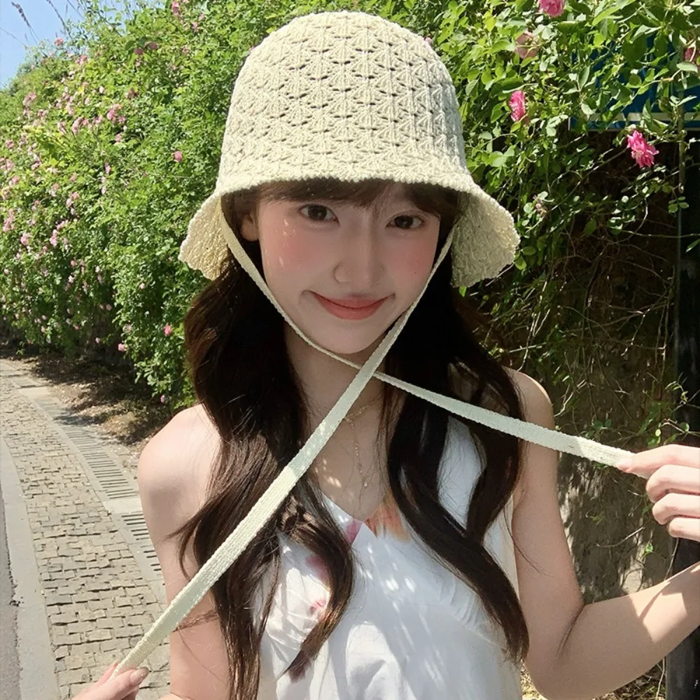 

Trendy Summer Weaving Cap New Hollow Fisherman Cap Visor Knit Bucket Hat Women