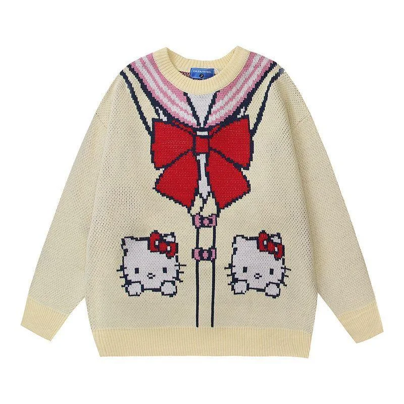 Sanrio Hello Kitty Fun Niedlicher Jacquard-Strickpullover mit Rundhalsausschnitt, koreanischer Stil, lockerer, fauler Stil, lässig, trendig, vielseitiger Pullover