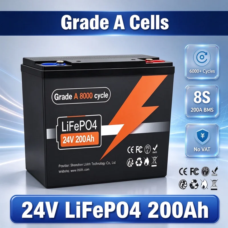24V 200Ah LiFePO4 Lithium Battery 200A BMS 6000+ cyclic for Inverter Solar RV No Tax