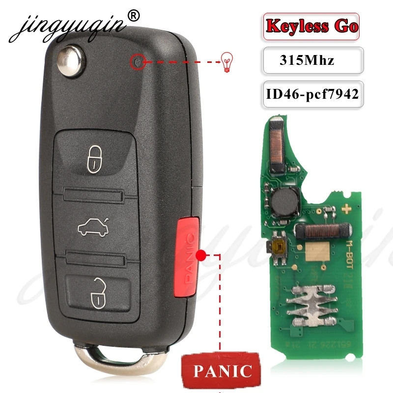 Jingyuqin Keyless Go Fob 3 + 1Panic 4 przyciski 315MHz zdalny klucz składany do VW Volkswagen Touareg Phaeton 3D0959753AK ID46 7942 Chip