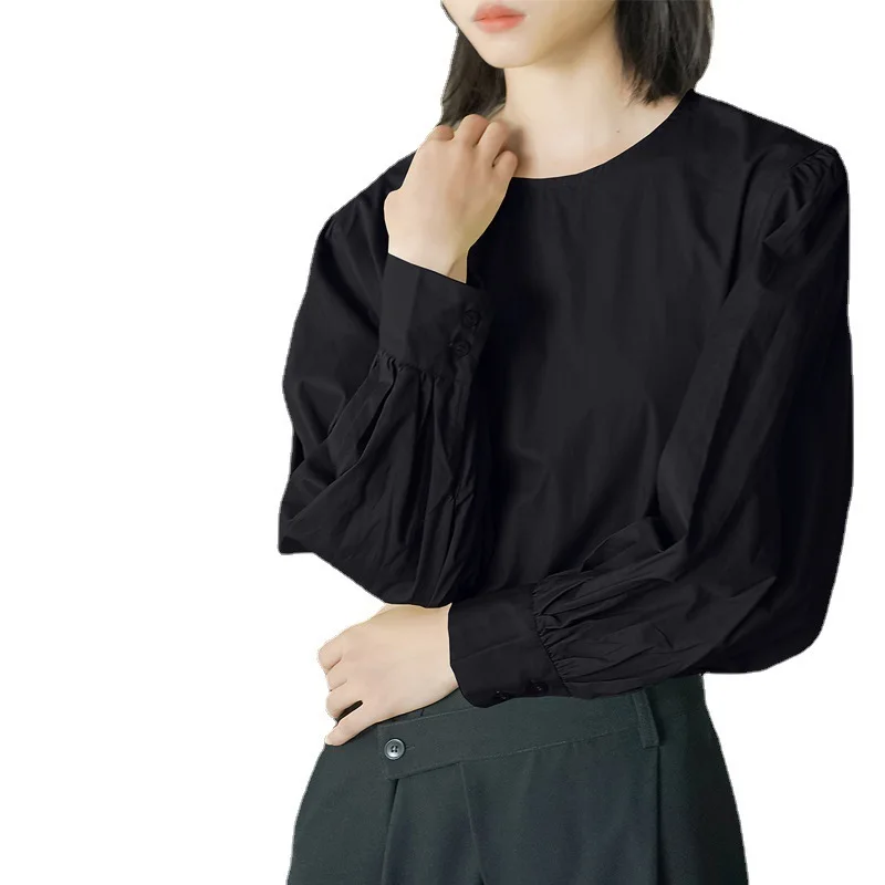 롯데 신상 봄가을 라운드넥 셔츠 여성용 한국 스타일 랜턴 소매 뒷단추 순면 셔츠