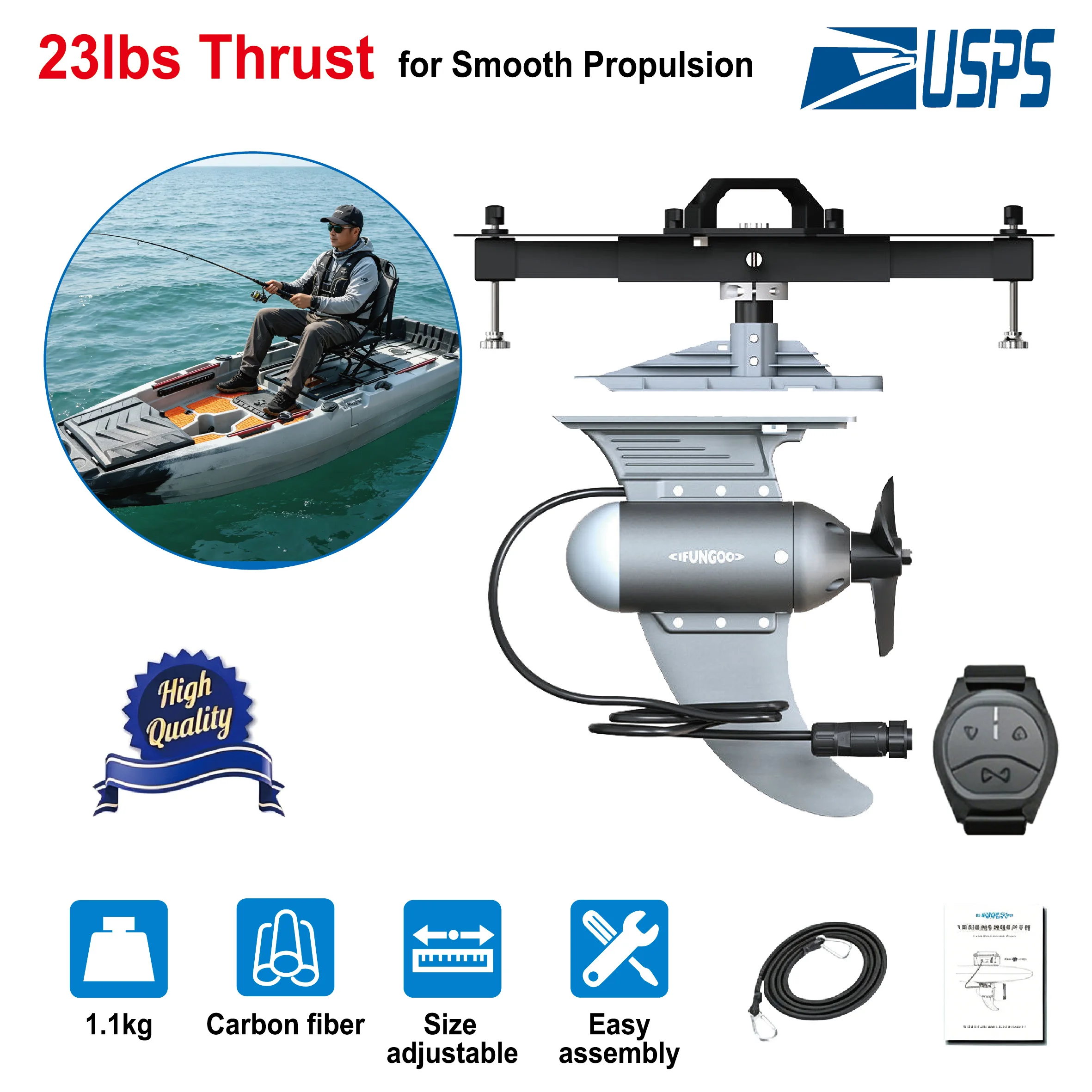 High Quality 450Watt DC 24V Plastic Eco-Friendly Electric Thruster Motor for Kayak Fishing Boat Engine Installation