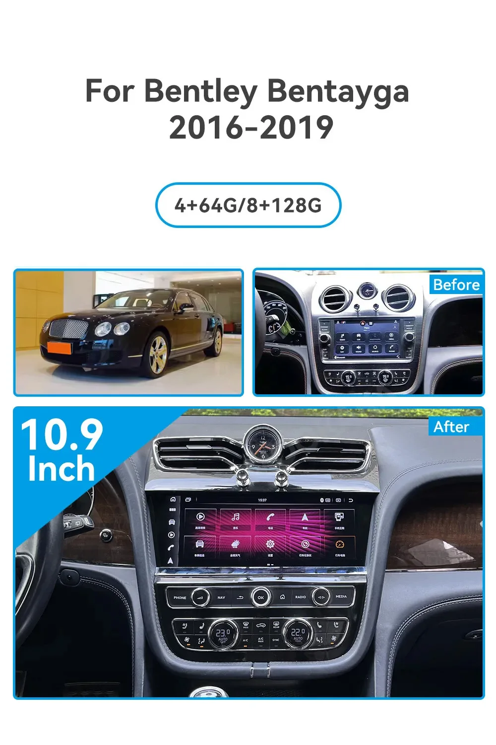 10.9'' Android 13 for Bentley Bentayga 2016-2020 Touch Car Screen Navigation Carplay Car Radio DSP BT Multimedia Player 1600*720