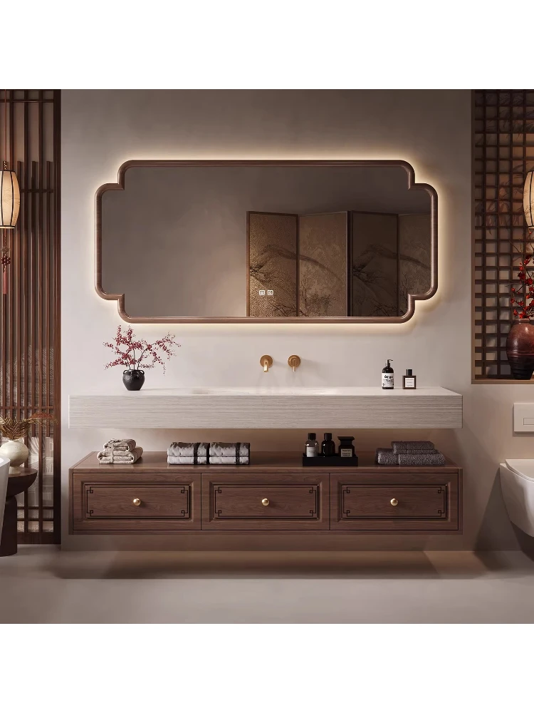 

Travertine rock slab hot bending integrated basin bathroom rubber wood split bathroom cabinet washstand