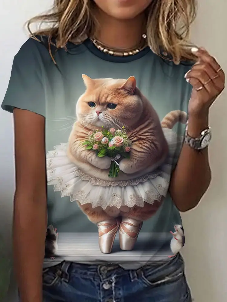 Summer Cute Cat Dances Ballet T-Shirts 3D Print Women Men Short Sleeve Round Neck T Shirt Tees Harajuku Y2K Tops Unisex Clothing