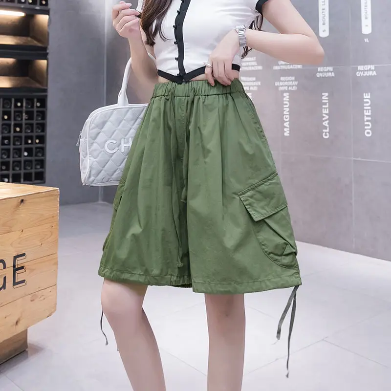 Women Summer Thin Simplicity Loose Pocket Solid Color High Waist Cargo Women Clothes Casual All-match Appear Thin Quarter Shorts