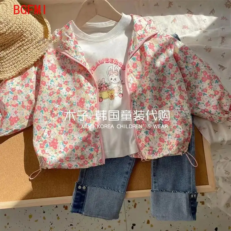 Korean Children\'s Clothing Girls Pink Floral Zipper Hooded thin Jacket for Spring Wear New Baby Loose Casual Top Windbreaker