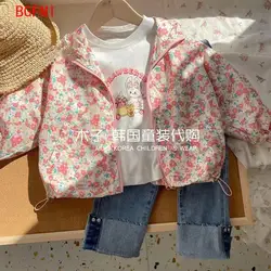 Korean Children's Clothing Girls Pink Floral Zipper Hooded thin Jacket for Spring Wear New Baby Loose Casual Top Windbreaker