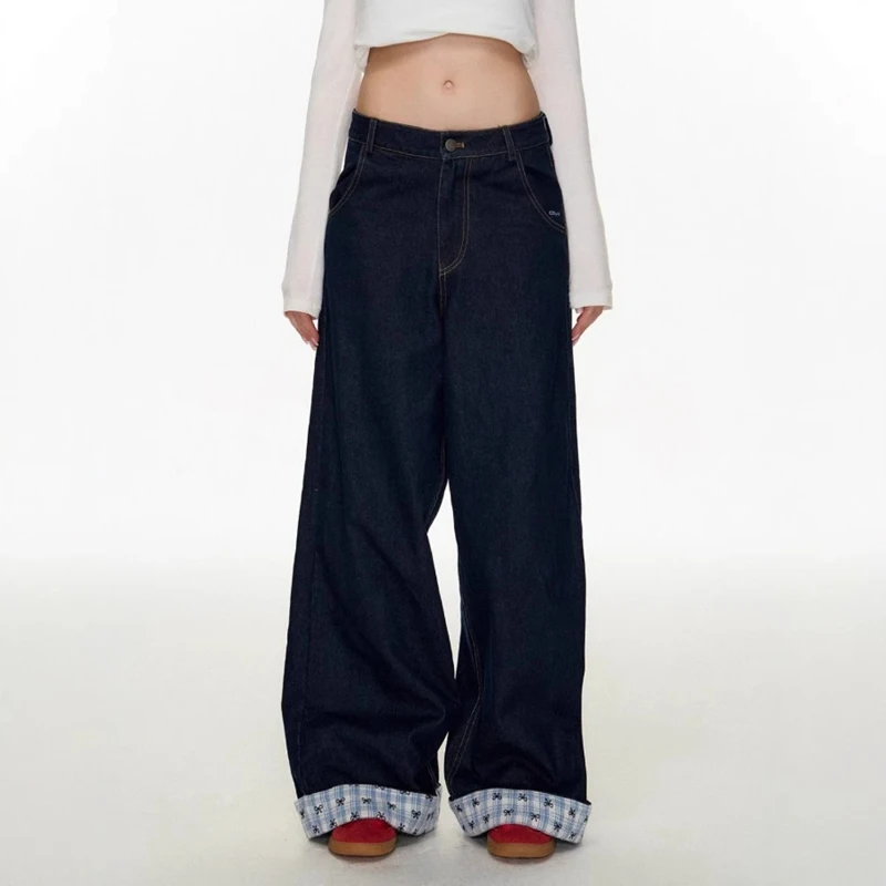 

Women's Deep Blue Loose Wide Leg Jeans Street Cool Girl High Waist Baggy Pants Female Casual Straight Denim Trousers