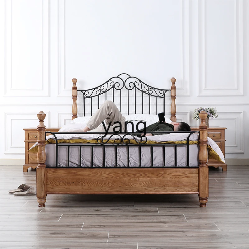 

LH ash wood retro wrought iron simple log bedroom double bed