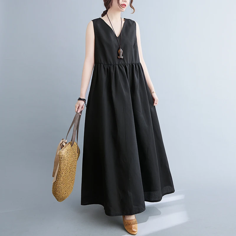 2024 Summer New Loose Sleeveless V-neck Big Swing Vest Women's Long Maxi Dress Boho Streetwear