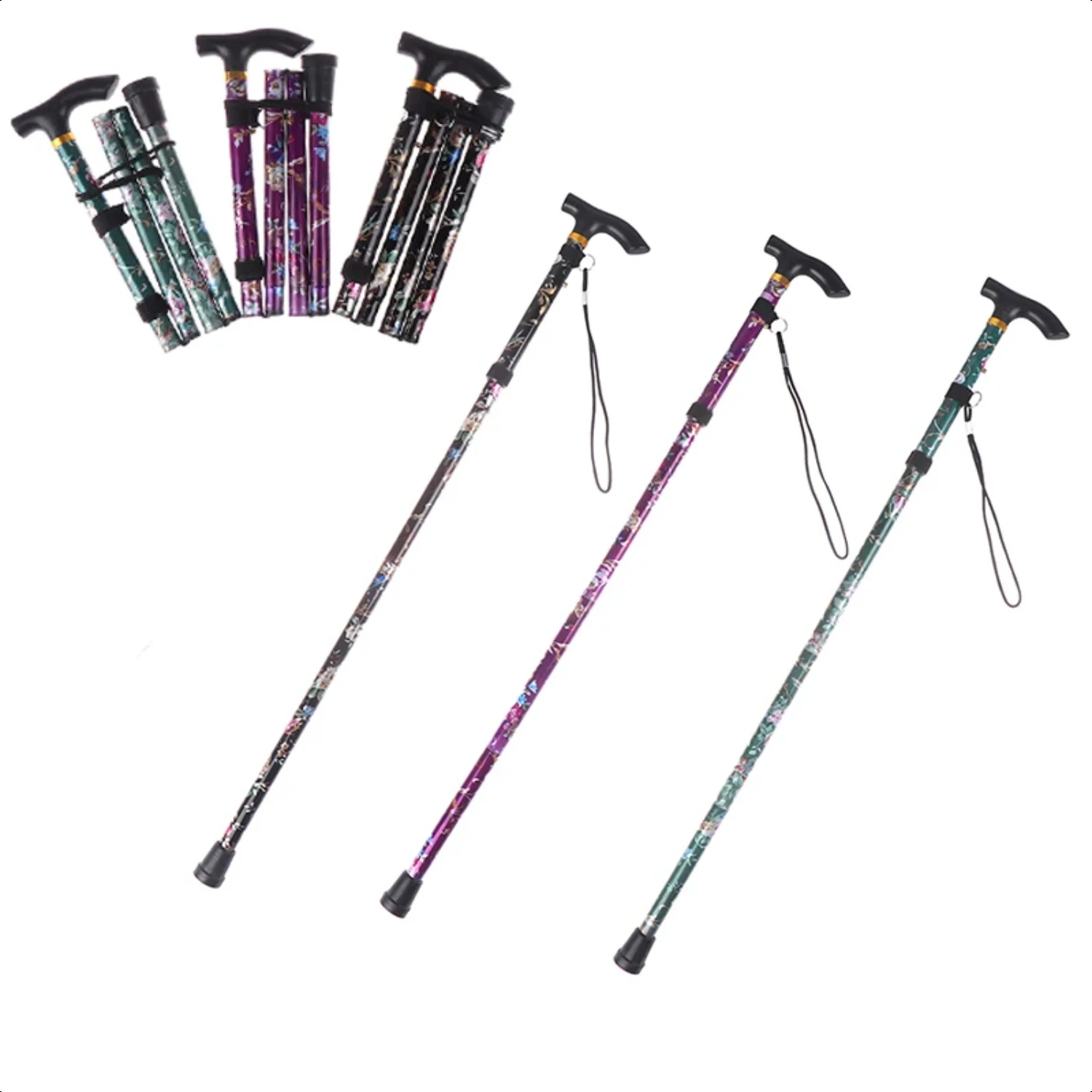 Aluminium Alloy Hiking Poles Folding Telescopic Lightweight 4-section Cane T Handle Outdoor Portable Elderly Walking Stick