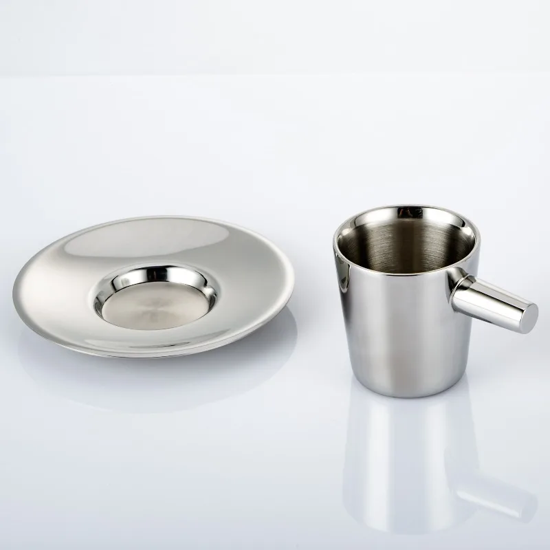 80ML Stainless Steel Coffee Cups Set 2 Pack, Coffee Mugs with Saucer, Double Walled Espresso Cups Mugs Gift for Coffee & Tea Lov