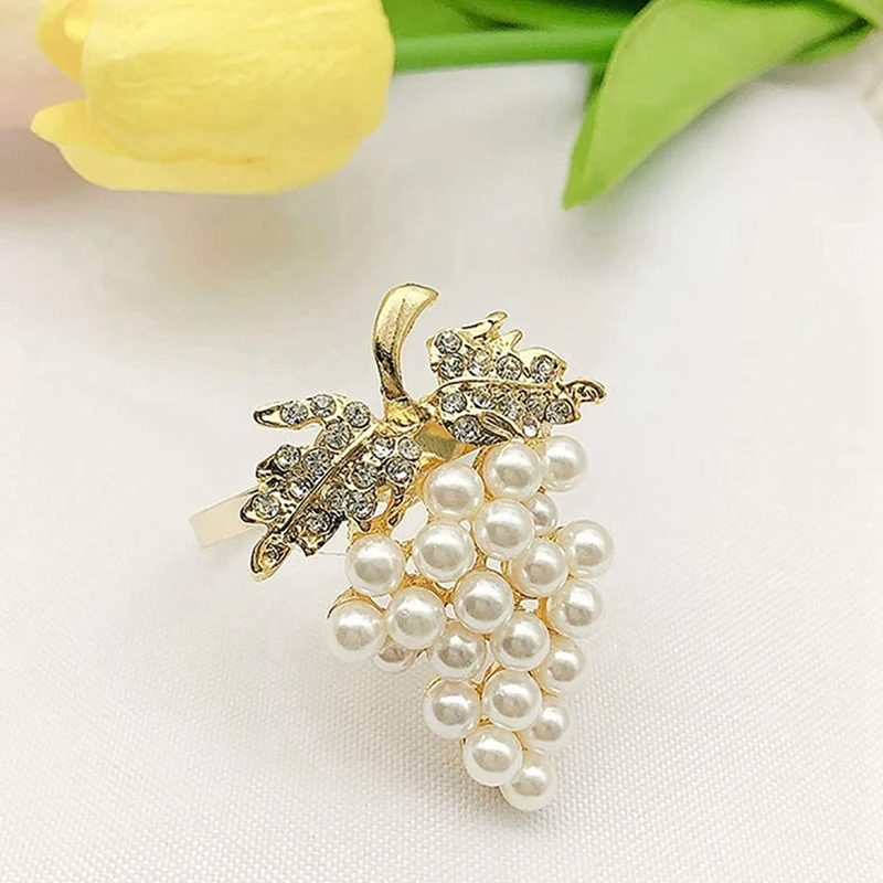 Grapes Napkin Rings Set Of 24, With Glittering Imitation Diamond And Pearls Inlay Alloy Napkin Ring Holder