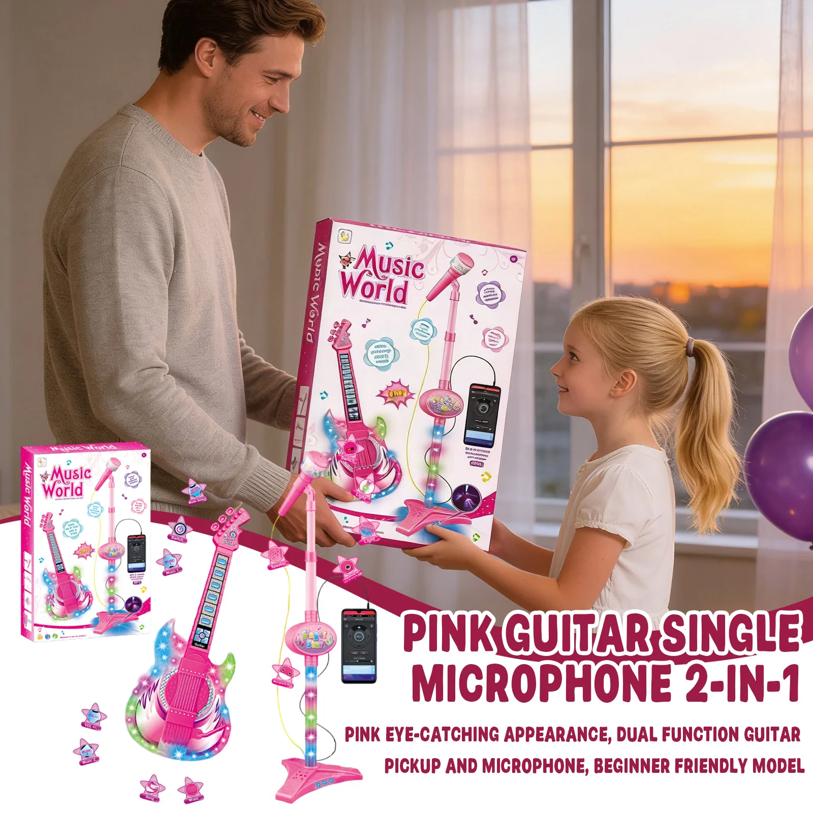 

Hot-selling Kids Guitar and Microphone Set, Adjustable Height Stand, Guitar Karaoke with Music Lights for Kids,Toddlers,Child