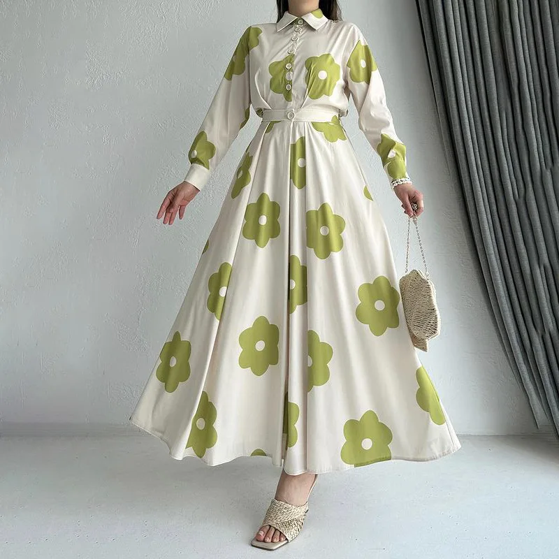 แฟชั่นสไตล์พร็อพปกพิมพ์เสื้อชุดหรูหราแขนยาวเอวสูงกระโปรงบางขนาดใหญ่ลําลองหลวมผู้หญิงแต่งตัว